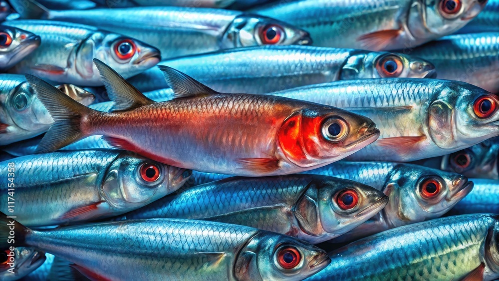Fototapeta premium Bold red contrasts a sea of blue in this striking portrait photography study; one herring stands out.