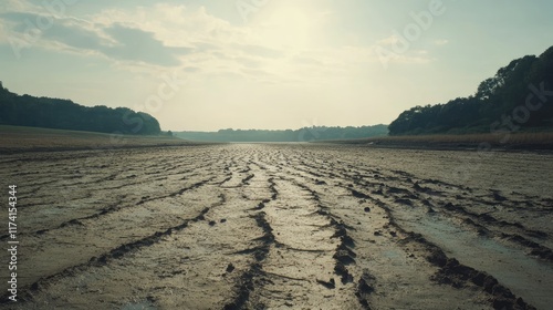 A dry, cracked mudflat stretching endlessly under the midday sun.