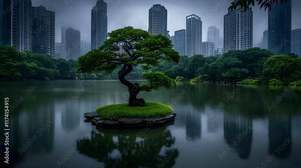 Urban Oasis: Serene Tree in Cityscape Pond Urban Oasis: Serene Tree in Cityscape Pond