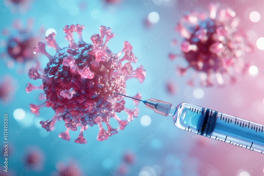 Syringe injecting coronavirus covid-19 cell with vaccine Syringe injecting coronavirus covid-19 cell with vaccine