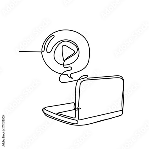 continuous line drawing laptop with play video button icon