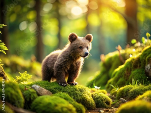 Charming tilt-shift photography captures a playful bear family in a miniature woodland. photo