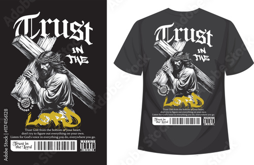 Back view of a black t-shirt with a religious quote. Features a man carrying a cross and the words "Trust in the Lord." Ideal for apparel, religion, or typography designs.