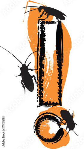 Exclamation mark symbol filled with cockroaches and bugs.