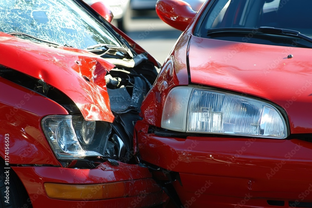 Two red cars crashing in a road accident with extensive damage Two red cars crashing in a road accident with extensive damage