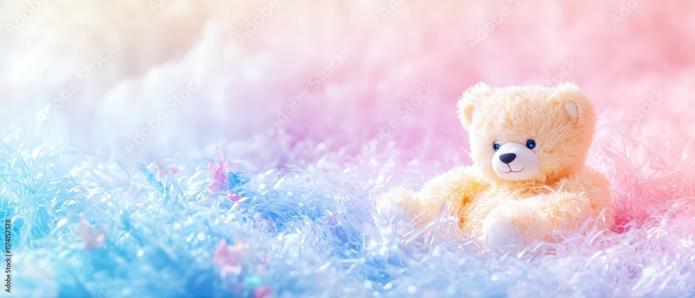 Fototapeta premium Love theme depicted with a teddy bear and a bright background, futuristic, fusion, celebration backdrop