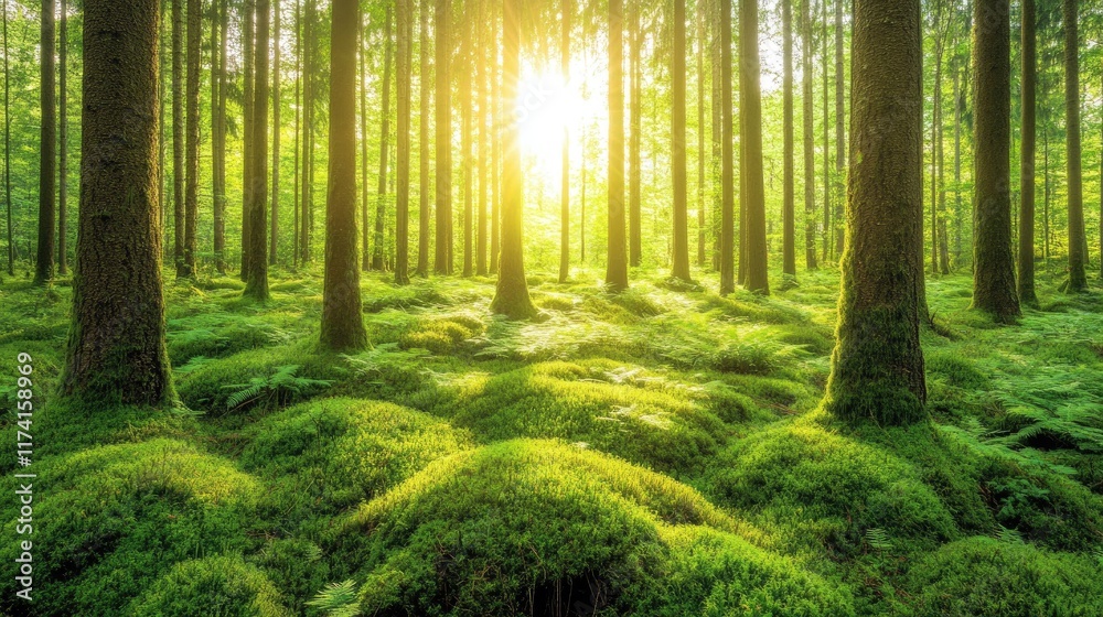 Fototapeta premium A lush forest floor covered in moss and ferns, with sunlight breaking through the canopy.