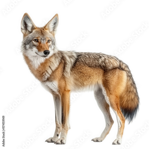 a realistic depiction of a coyote standing against a white background. showcasing its distinctive features such as pointed ears. bushy tail. and sleek fur the animal's natural beauty and adaptability