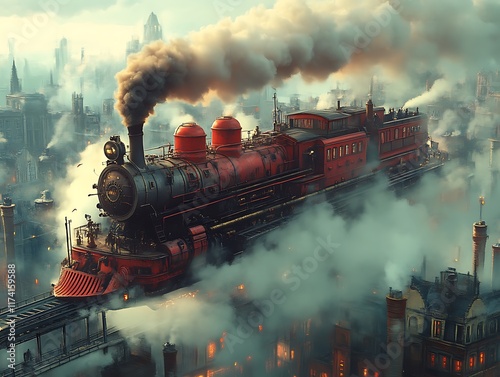 Steam Train Soaring Above a Misty Cityscape: A Romantic Steampunk Vision photo