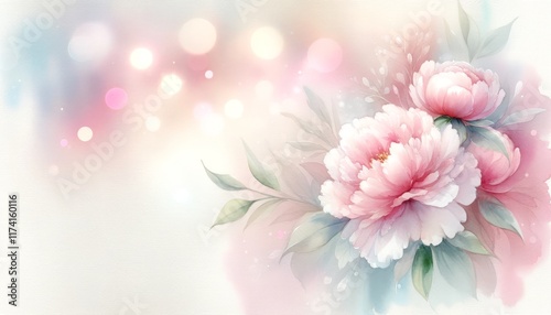 Zarte rosa Pfingstrosen mit grünen Blättern auf einem pastellfarbenen, bokehartigen Hintergrund. Perfekt als Grußkarte oder romantisches Design. Generative KI