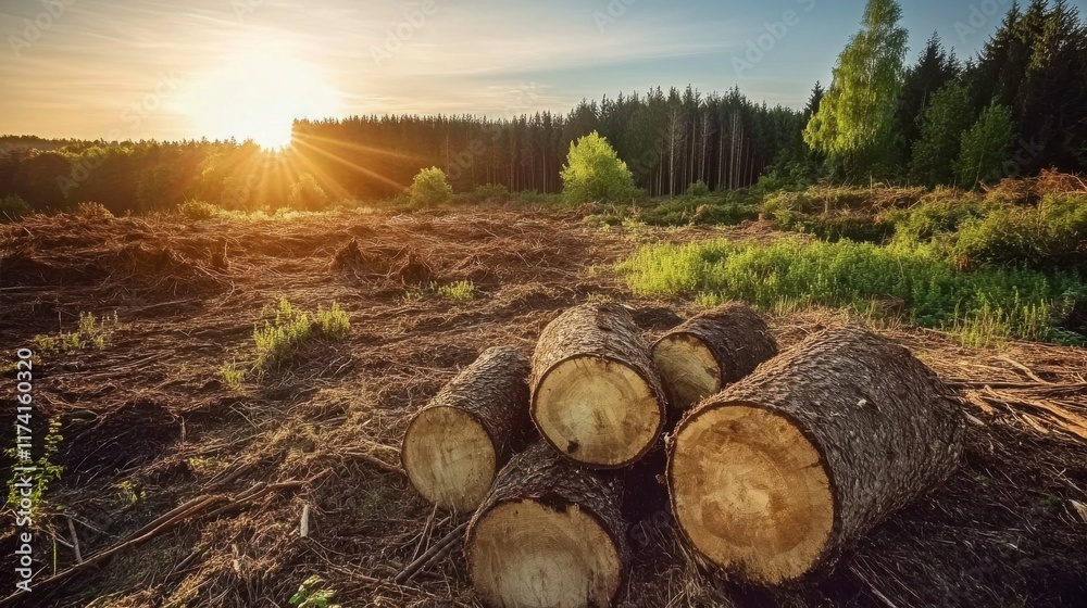 Serene Forest Sunrise with Warm Light and Logs Serene Forest Sunrise with Warm Light and Logs