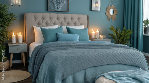 Cozy and elegant bedroom interior with soft blue tones and candles.