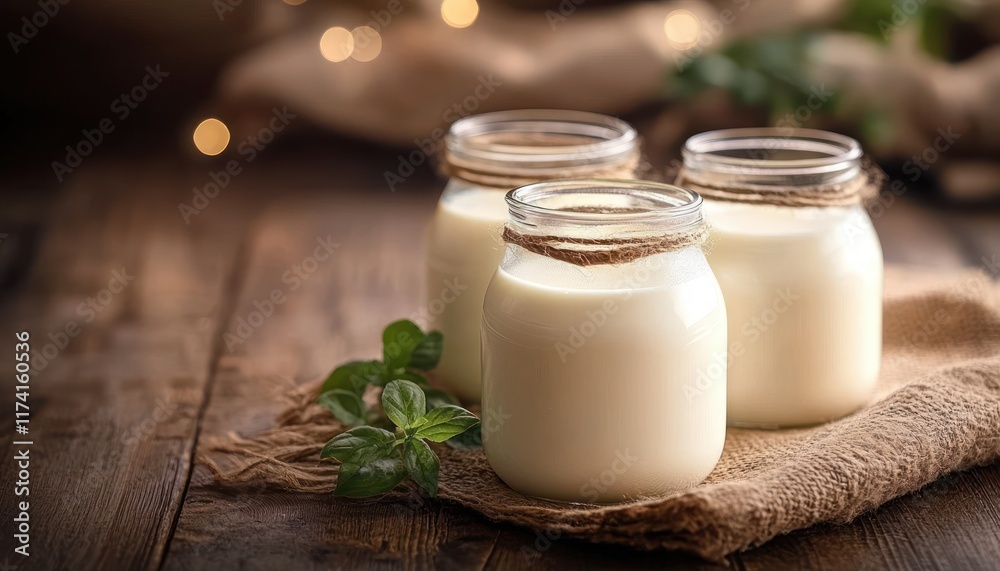 Natural Yogurt in Glass Jars on Rustic Wooden Background Healthy Lactose Free Product Homemade Fresh Creamy Ingredient Natural Yogurt in Glass Jars on Rustic Wooden Background Healthy Lactose Free Product Homemade Fresh Creamy Ingredient