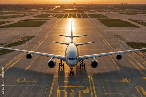 Commercial Airplane on Runway at Sunset with Golden Hour Glow photo