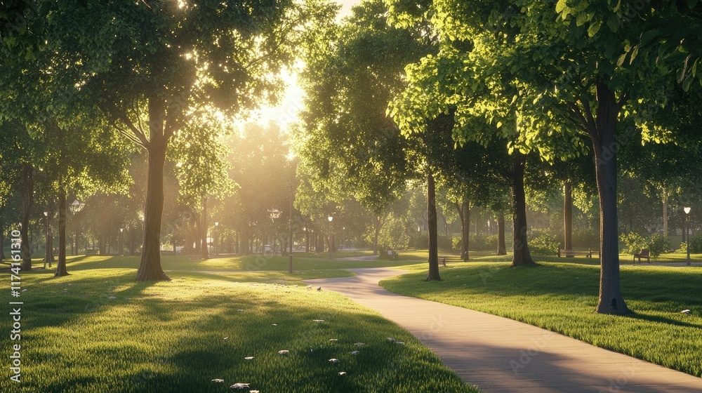 Fototapeta premium A park pathway lined with green trees and illuminated by gentle morning light.