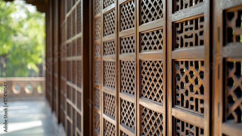 Intricate wooden lattice windows of a historic temple photo