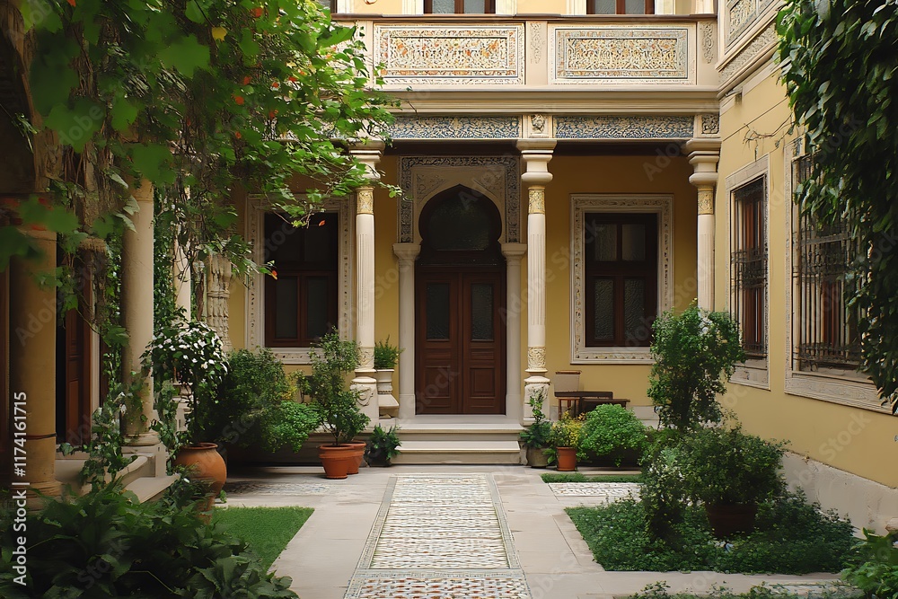Obraz premium A serene courtyard featuring lush greenery and ornate architectural details.