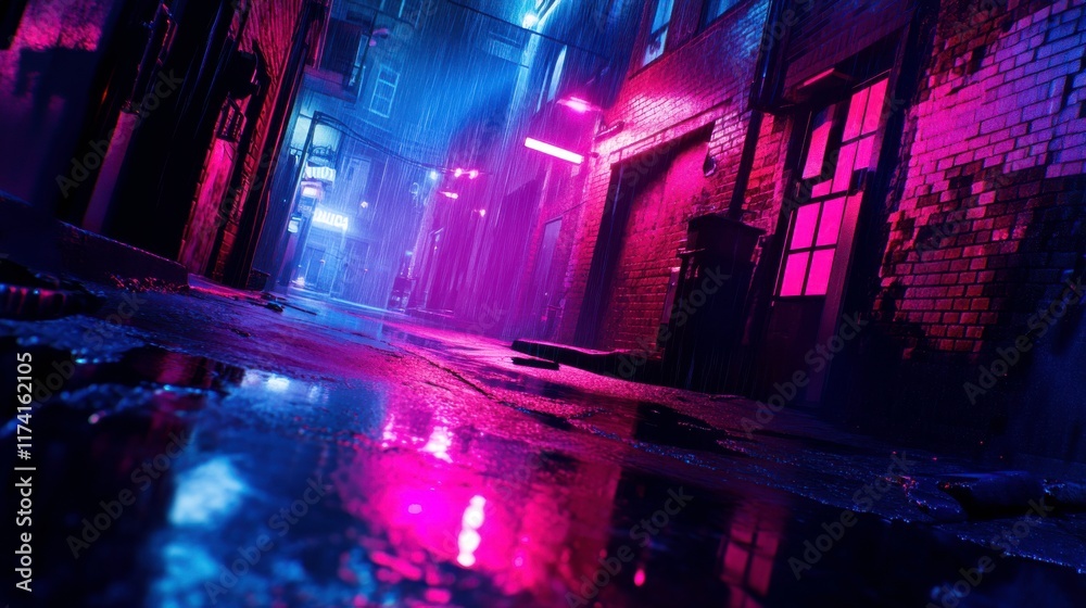 Urban Alley with Neon Lights and High Contrast Shadows Urban Alley with Neon Lights and High Contrast Shadows