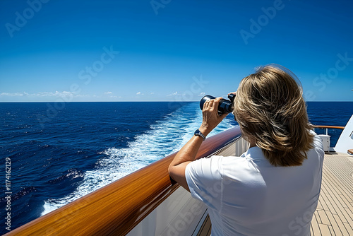 Ocean View: Woman on a Yacht Uses Binoculars
