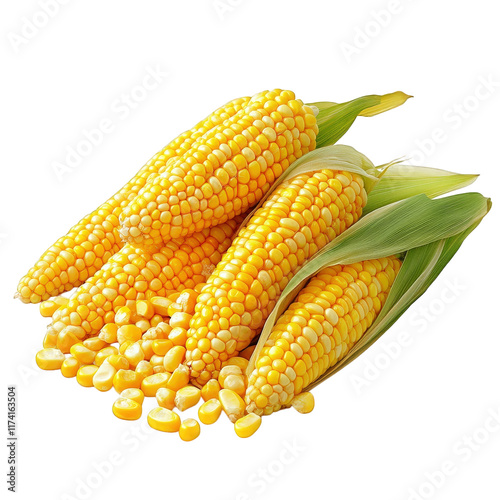 several ears of corn. with vibrant yellow kernels and green husks. arranged attractively with some kernels scattered around it highlights the natural beauty and freshness of corn. often used in cookin photo