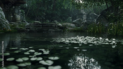 Garden pond with lilies and soft reflections photo