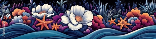 Vibrant Coastal Floral and Marine Life Illustration with Starfish, Poppies, and Ocean Waves in Colorful Artistic Style Perfect for Nature-Themed Design Inspiration