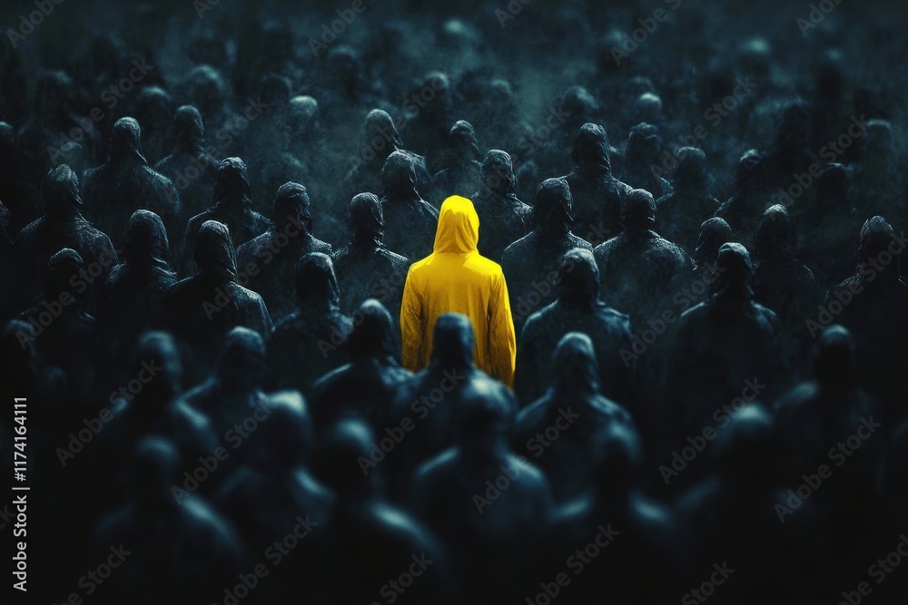 Obraz premium A Unique Figure Standing Out in a Dark Crowd Representing Business Leadership and Success