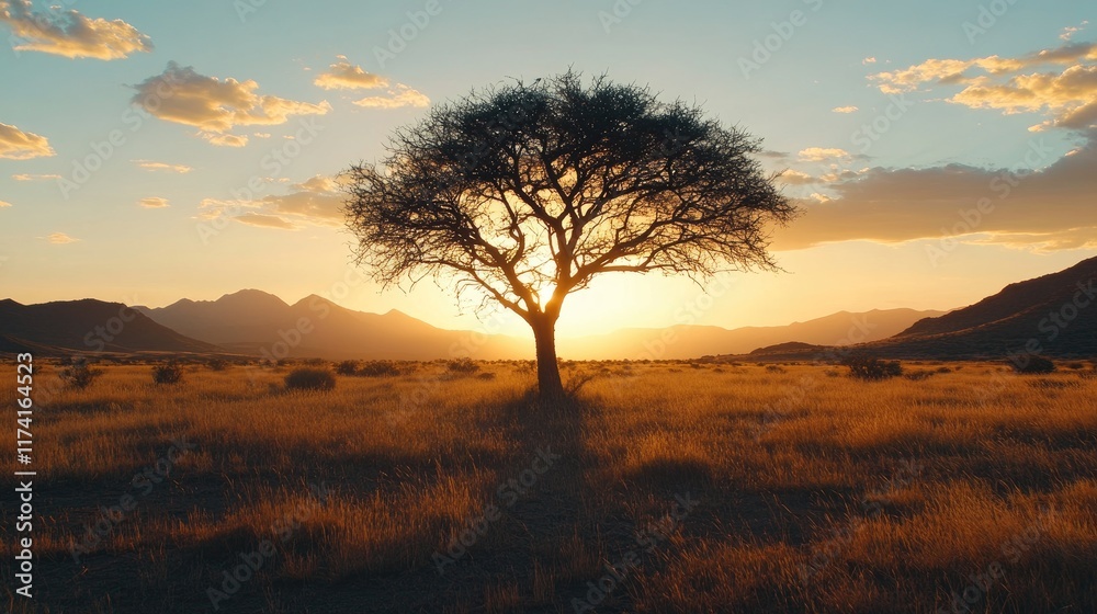 A silhouette of a lone tree standing in a dry, golden field at sunset. A silhouette of a lone tree standing in a dry, golden field at sunset.