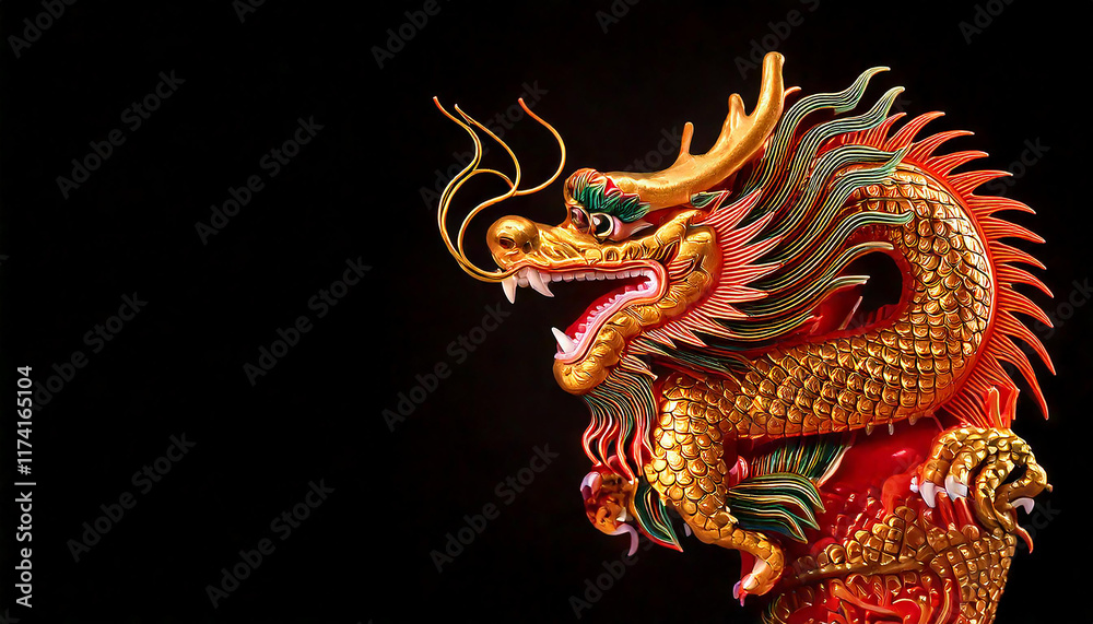 Fototapeta premium Chinese dragon on a black background, ancient asian dragon on black background
