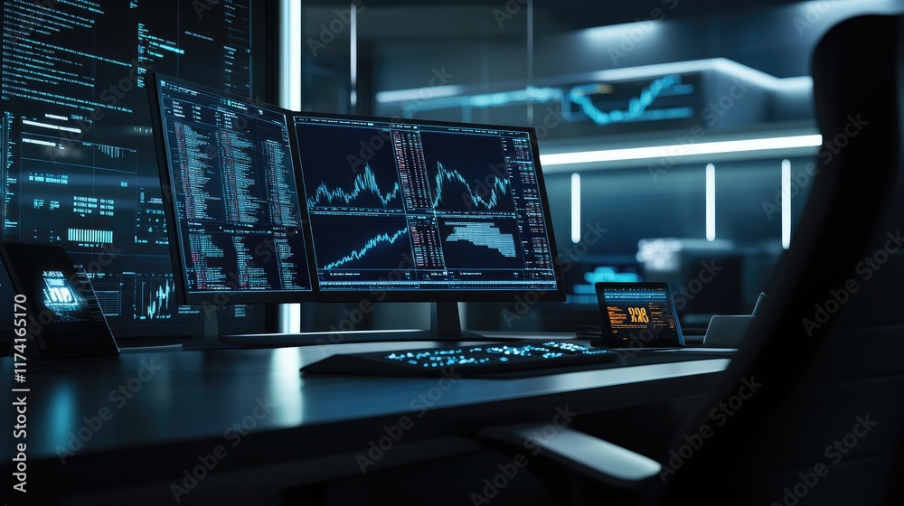 A sleek desk setup with a monitor showing trading volumes and technical indicators. A sleek desk setup with a monitor showing trading volumes and technical indicators.