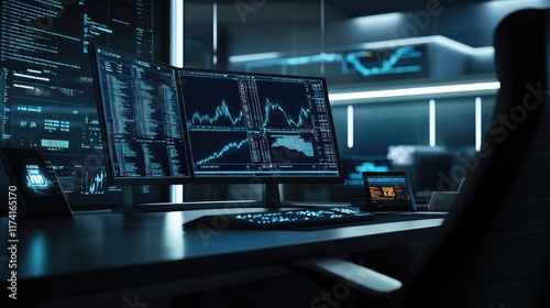 Wallpaper Mural A sleek desk setup with a monitor showing trading volumes and technical indicators. Torontodigital.ca