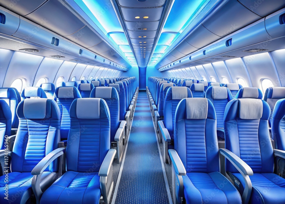 Fototapeta premium Empty blue seats gleam in a modern, luxurious airplane cabin, promising a spacious and comfortable flight.