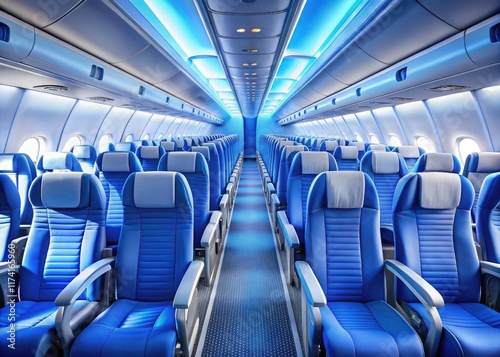 Empty blue seats gleam in a modern, luxurious airplane cabin, promising a spacious and comfortable flight.