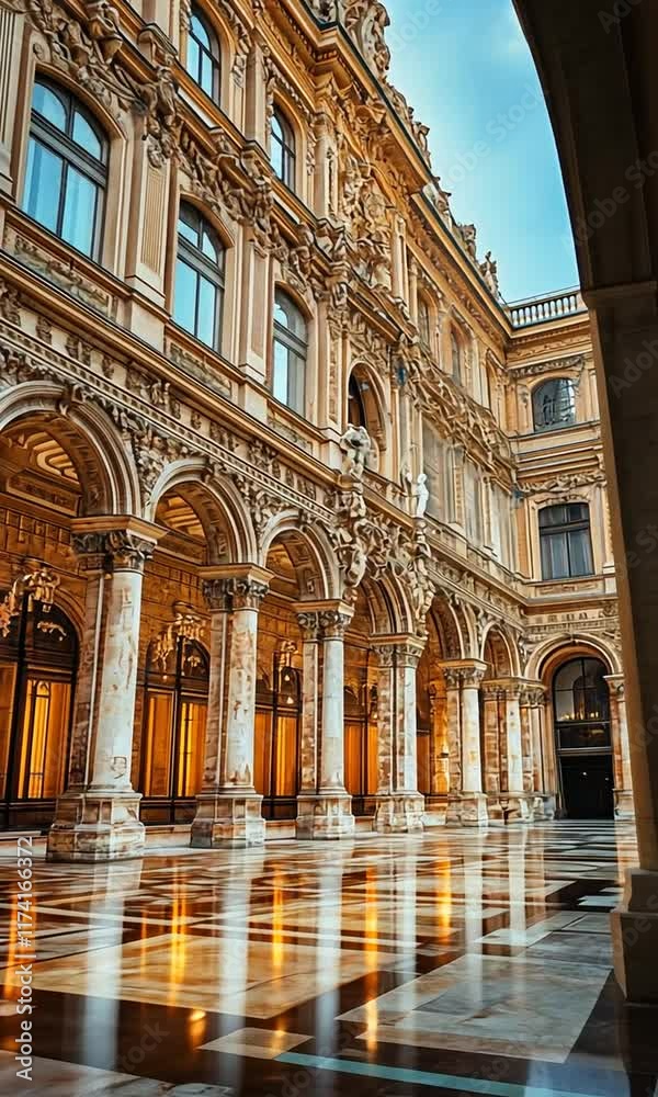 Elegant courtyard with ornate architecture and columns. Elegant courtyard with ornate architecture and columns.