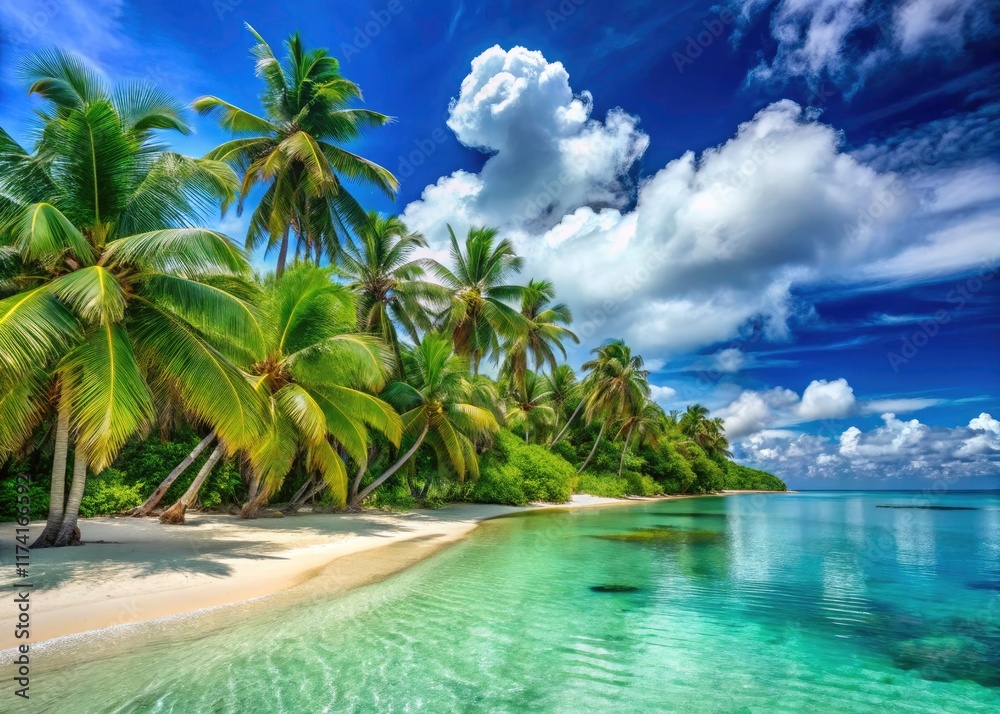 Obraz premium Escape to paradise: pristine white sand, coconut trees framing a breathtaking panorama.