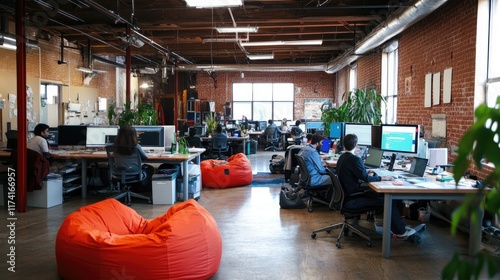 Wallpaper Mural A tech startup office with beanbags, modern desks, and greenery enhancing the open space. Torontodigital.ca