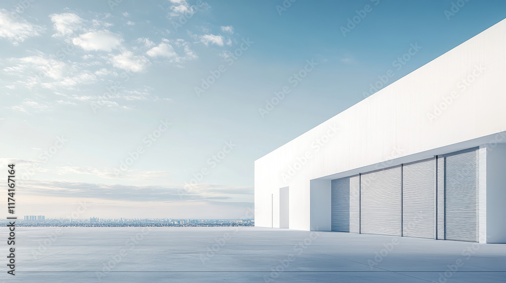 A modern white warehouse exterior, with large windows on the right side of the frame, a clean concrete floor A modern white warehouse exterior, with large windows on the right side of the frame, a clean concrete floor