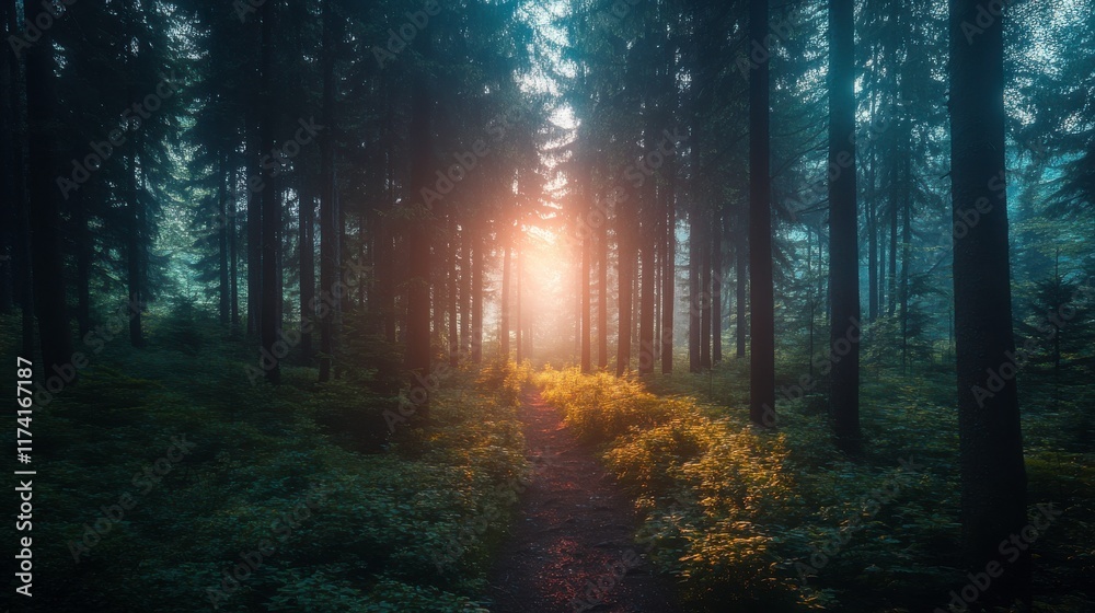 Obraz premium Vibrant Forest Scene with Warm Light and High Contrast