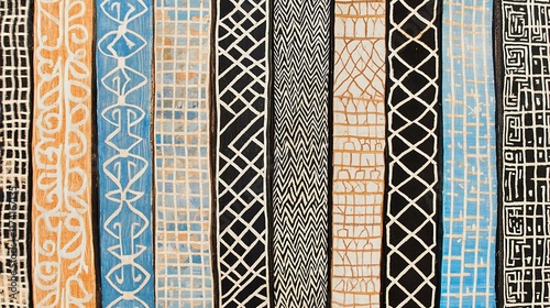 A traditional handwoven textile featuring bold ornamental patterns, intricate designs, and rich cultural tones