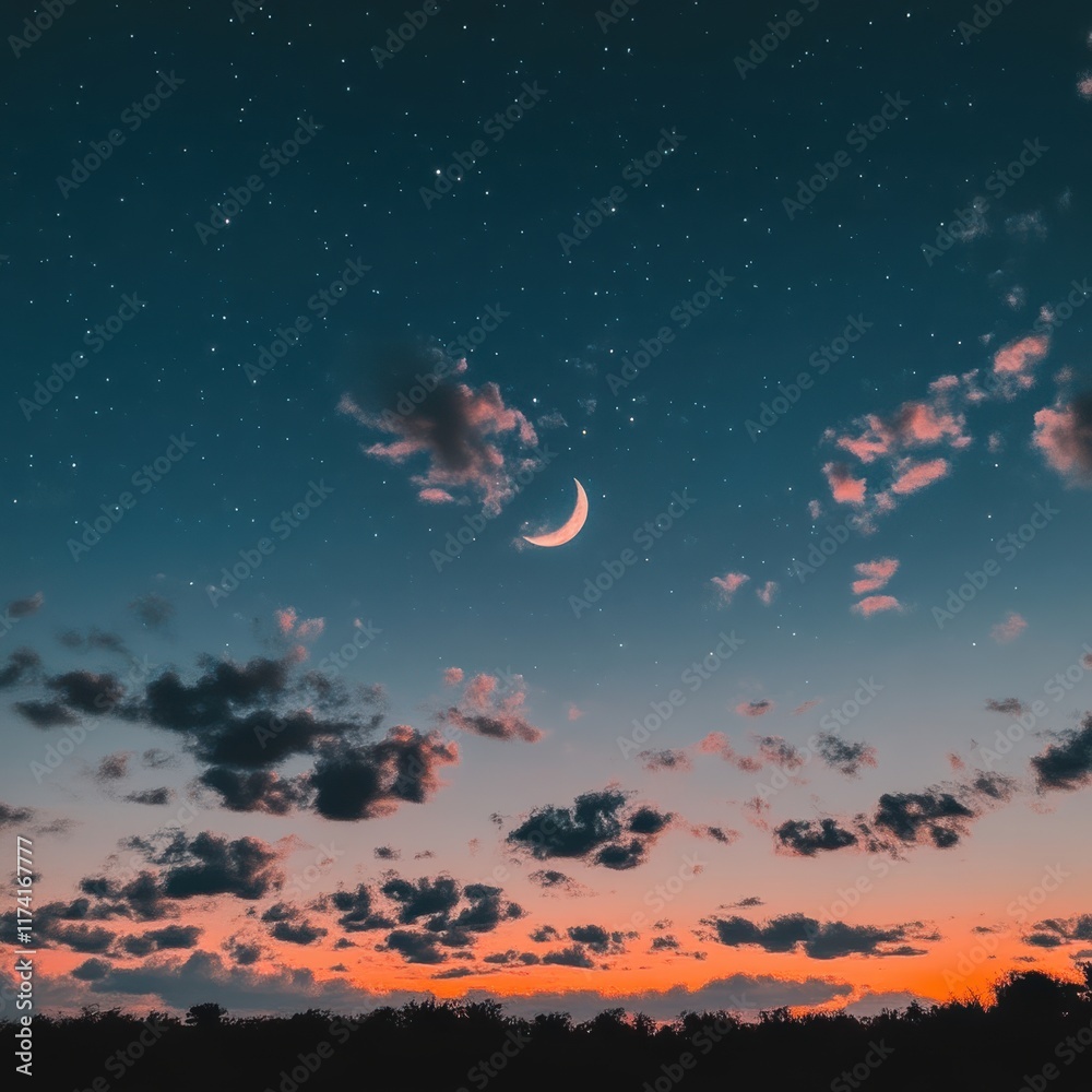 Crescent moon, stars, and sunset clouds at night.