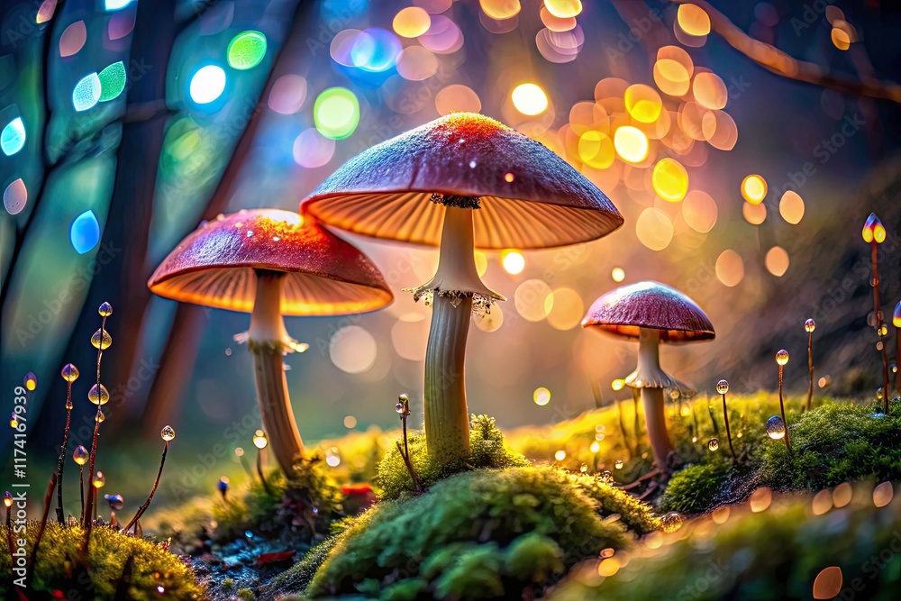 Fototapeta premium Fantasy fungi photography captures glowing mushrooms in an enchanted forest, bathed in magical bokeh light.
