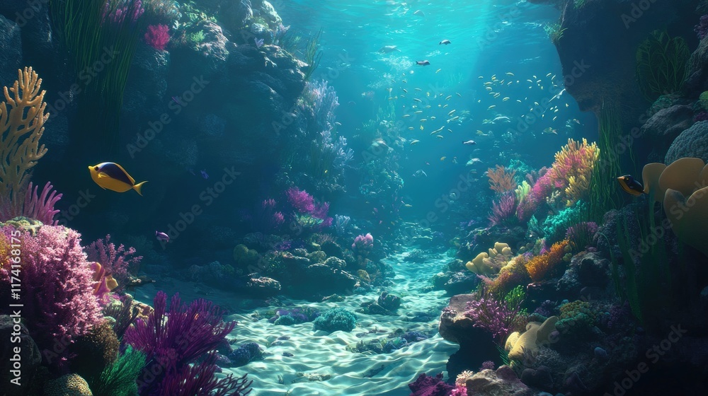 A tropical reef with schools of fish darting among coral and sea fans. A tropical reef with schools of fish darting among coral and sea fans.