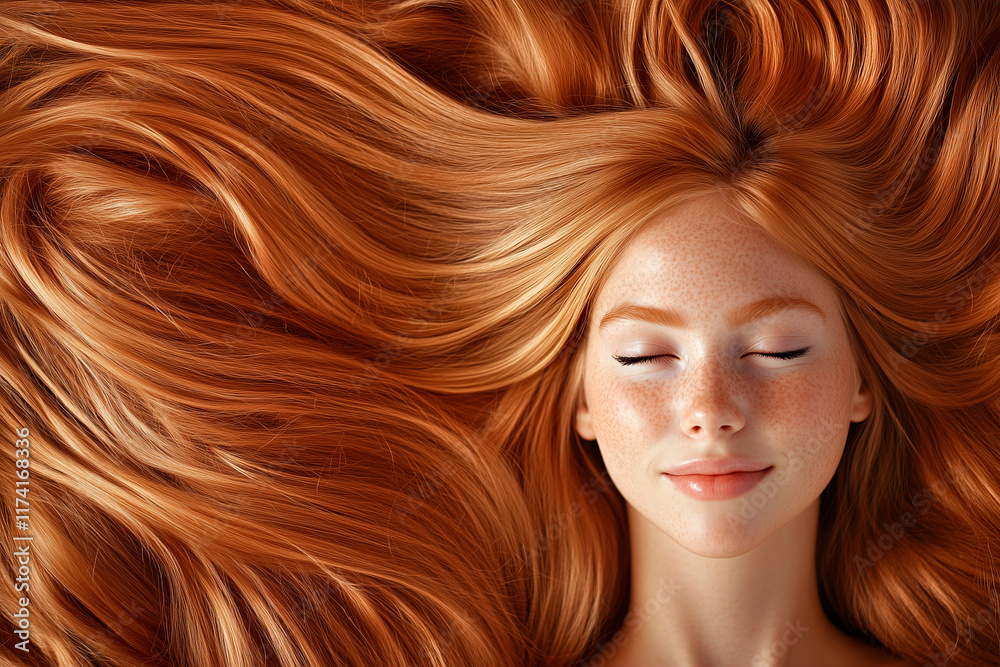 Obraz premium Beautiful model with healthy long silky ginger hair. Beautiful young woman with luxurious long ginger hair as a background. Beautiful ginger hair for advertising hair products.