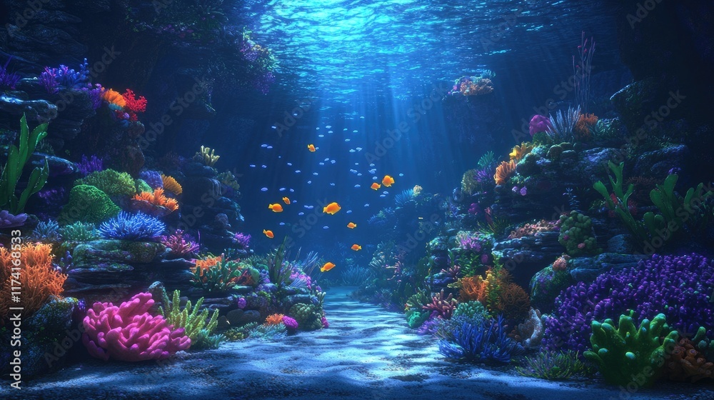 Fototapeta premium A vibrant coral reef teeming with tropical fish in crystal-clear blue waters.