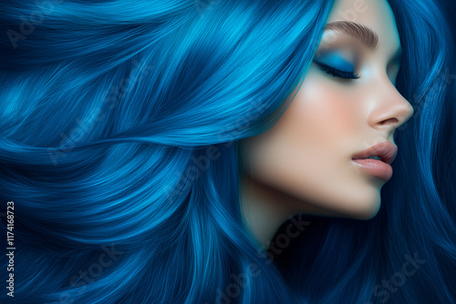 Beautiful young woman with healthy long blue hair with blue makeup. Beauty woman with luxurious long blue hair as background. Beautiful blue hair.