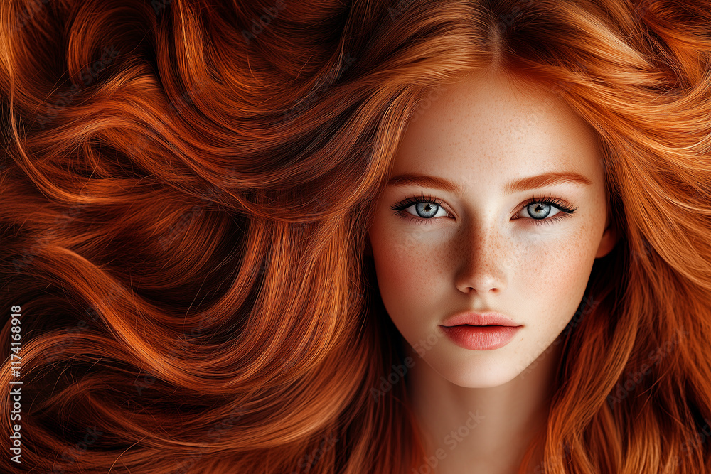 Fototapeta premium Beautiful young woman with healthy long silky ginger hair. Beauty young woman with luxurious long ginger hair as a background. Beautiful ginger hair for advertising hair products.