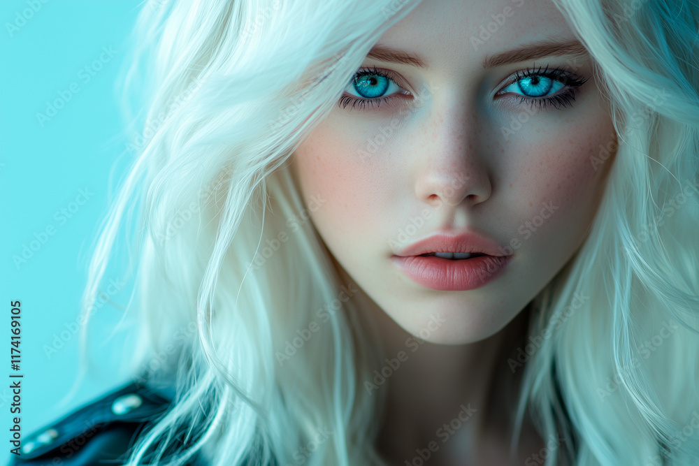 Fototapeta premium Close up portrait of fashion beautiful stylish blonde woman with blue eyes and fresh makeup. Beauty portrait.