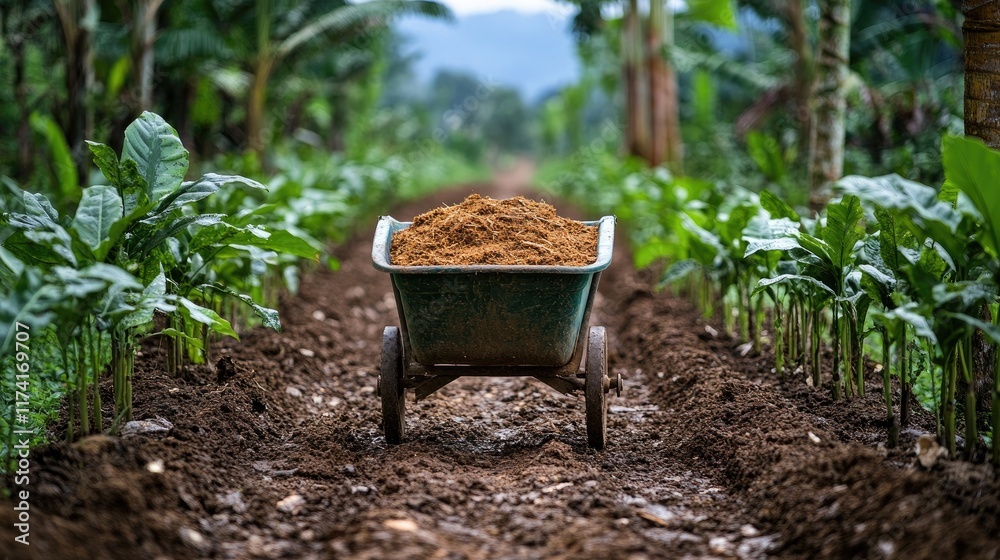 A wheelbarrow filled with compost next to rows of young saplings in a rural area. A wheelbarrow filled with compost next to rows of young saplings in a rural area.