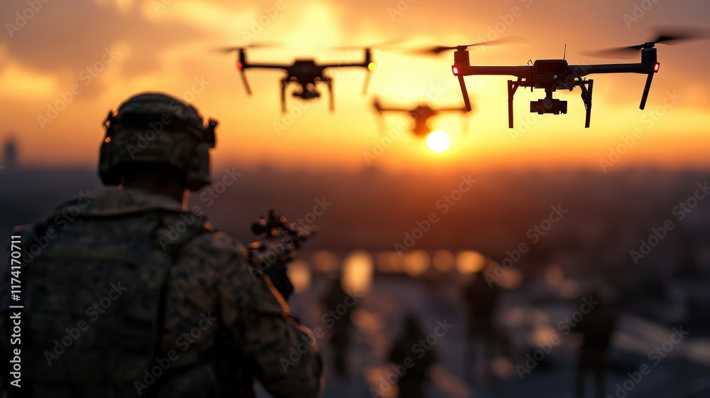 A captivating image of military personnel preparing for action as drones hover in the golden light of sunset, symbolizing modern warfare and the integration of technology in combat. A captivating image of military personnel preparing for action as drones hover in the golden light of sunset, symbolizing modern warfare and the integration of technology in combat.