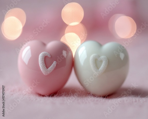 Two heart-shaped ornaments with letters C and a heart, on a pink background with bokeh lights.